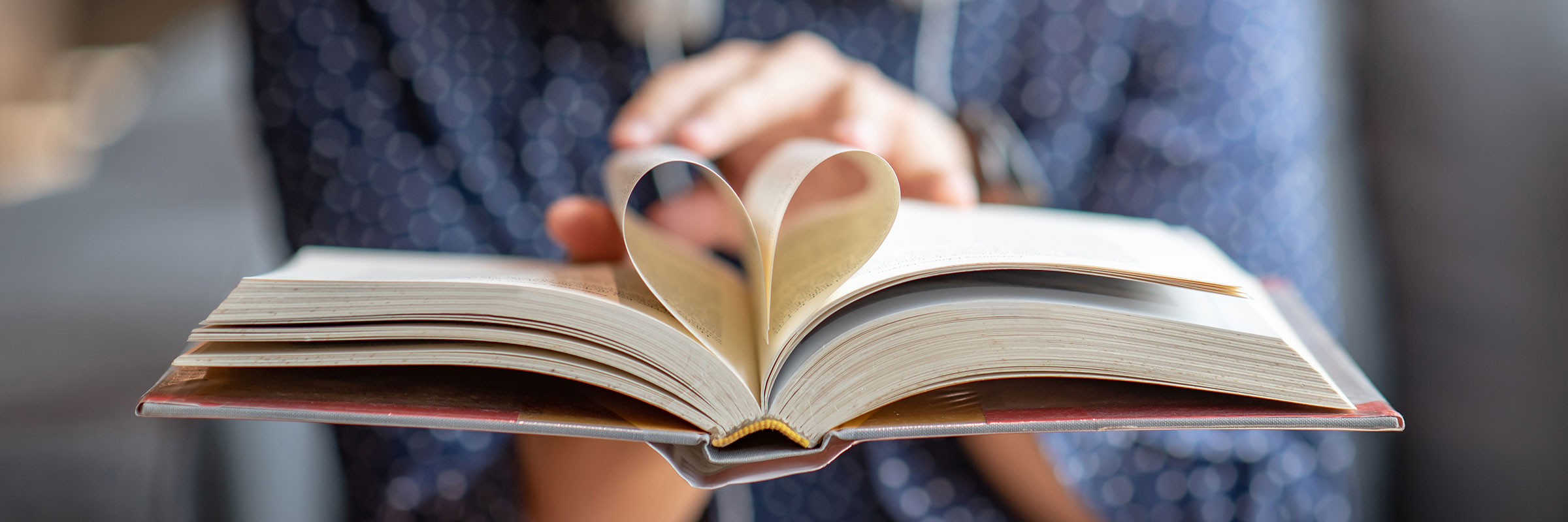 Person holding open book with inner pages folded into heart shape