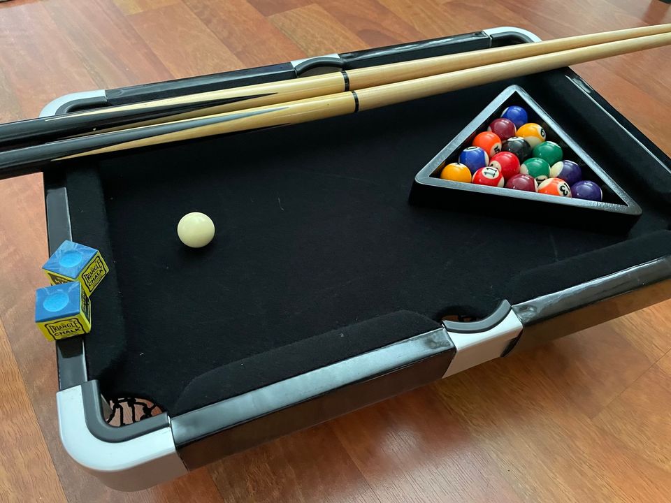 table top pool table with black felt 