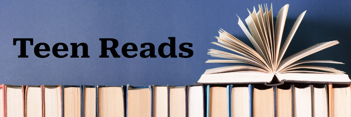 Teens Reads above a line of books with an open book on top