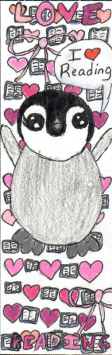 I love reading with a black and white penquin and a heart background