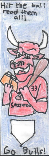 a bull wearing holding an orange book 