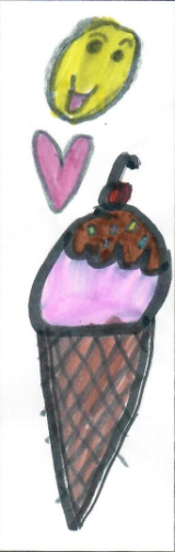an ice cream cone with strawberry ice cream with a yellow smiley face and red heart