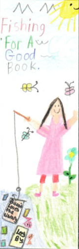 a young girl in a pink dressing fishing for books