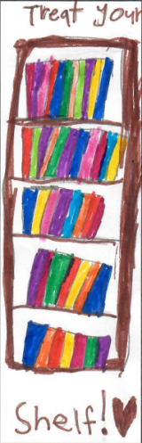 Brown bookshelf filled with books of many colors with the text Treat Your Shelf