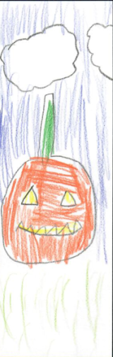 orange pumpkin with white clouds and purple background 