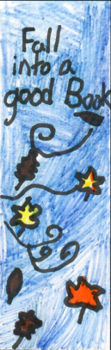 Colored leaves falling with a black background and the text Fall into a Good book