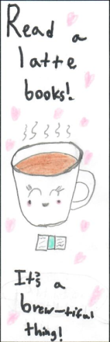 a white cup of coffee with the text Read a latte books Its a brew-tifal thing