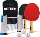 red and black table tennis rackets with net