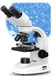 White and black microscope with blue background