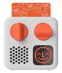square grey box with speaker, orange dial and orange digital smile face