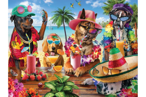 Puzle with image of dogs dressed as humans drinking cocktails at the beach