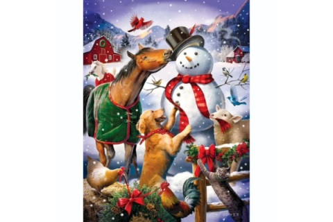 Jigsaw puzzle of snowman, do, hose and a sheep.