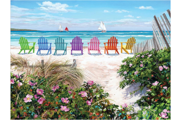 rainbow Adirondack chairs on the beach.