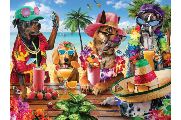 Puzle with image of dogs dressed as humans drinking cocktails at the beach