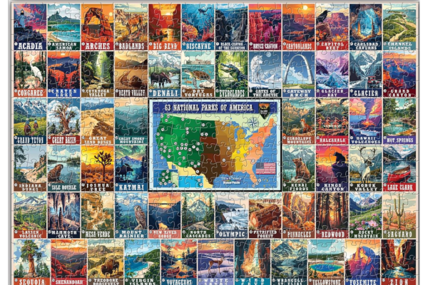 Image of  a jigsaw puzzle with stamp size pictures of all the national parks.