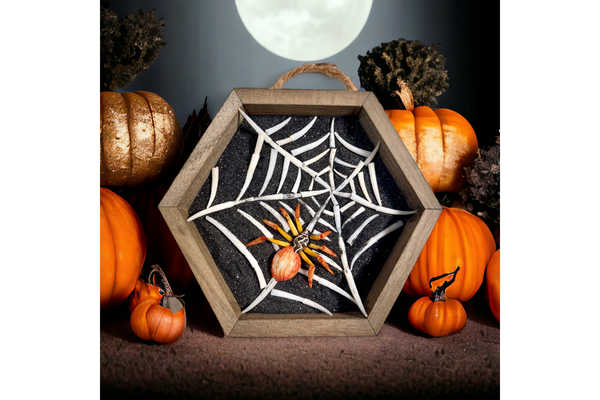 Spider wall-hanging with black sand and sea shells.