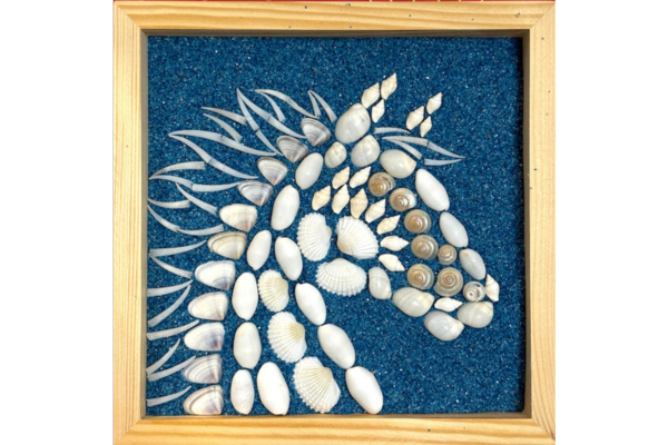 Horse head made out of shells on blue background.