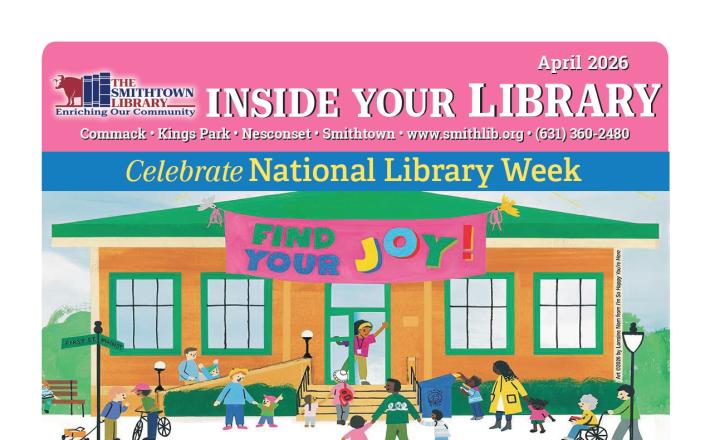large group of people in front of a brown library building with a banner that states Find Your Joy